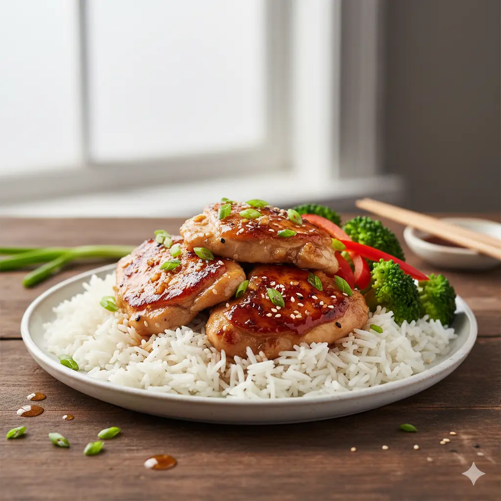 Honey Garlic Chicken with Rice at Wingfield Restaurant and Bar in Calgary, AB